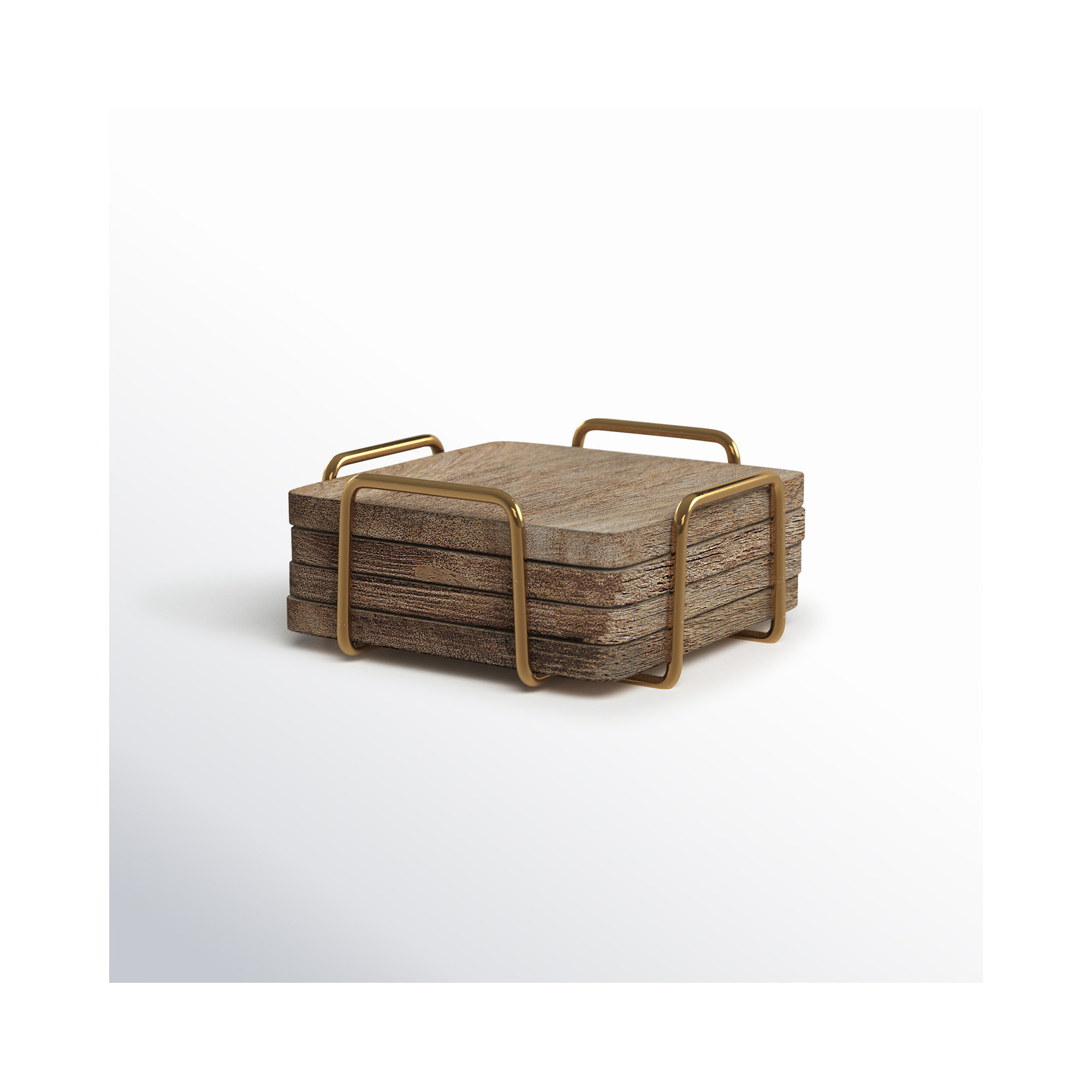 Wallis Godinger Wooden Coaster Set with Holder, Burned/Gold