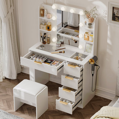 Vanity Table With Mirror And Lights, Vanity Desk And Cushioned Stool Set With Charging Station, Storage Drawers And Transparent Tabletop For Women Girls Bedroom, White