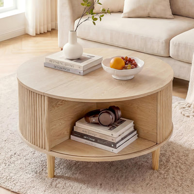 32'' Round Lift-Top Coffee Table with Tambour Sliding Door Storage