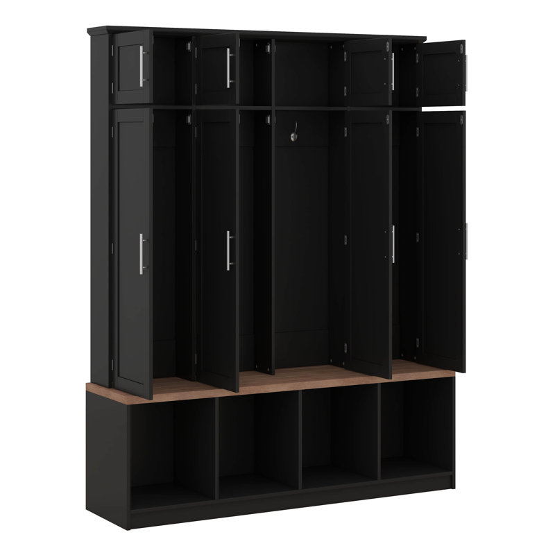 Arbre d'entrée de style campagnard avec 4 crochets cachés, banc polyvalent en noyer avec 8 portes, armoire à chaussures d'entrée avec compartiments ouverts