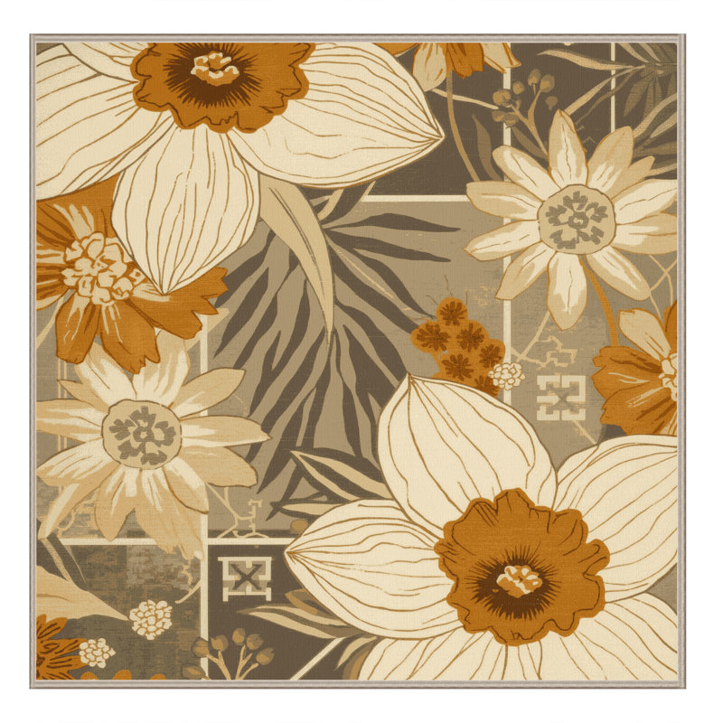 Machine Washable Paesyn Daffodil Preppy Floral Rug in Beige – Beige Binding, 5' Square