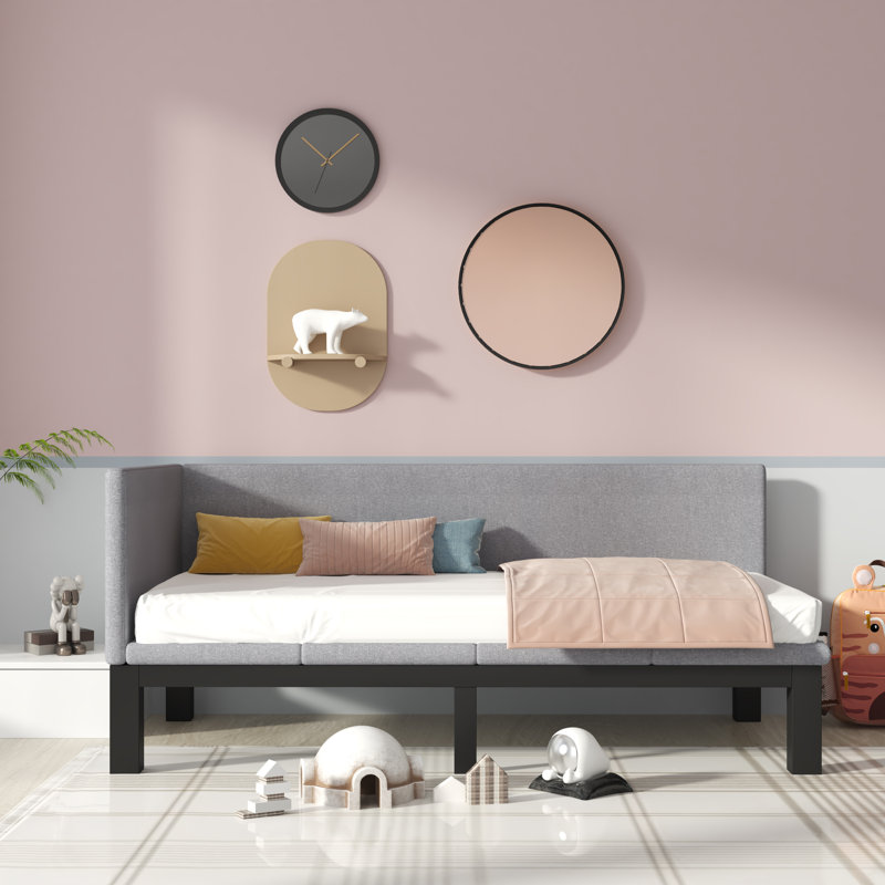 Lit de jour simple avec matelas Manisa, Cadre noir / tête de lit grise