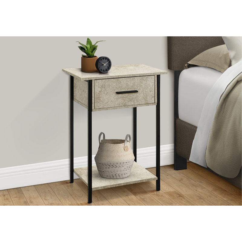 24" Accent Table With Storage - Cream Stone Laminate & Metal Frame 2 Tier Legs Black