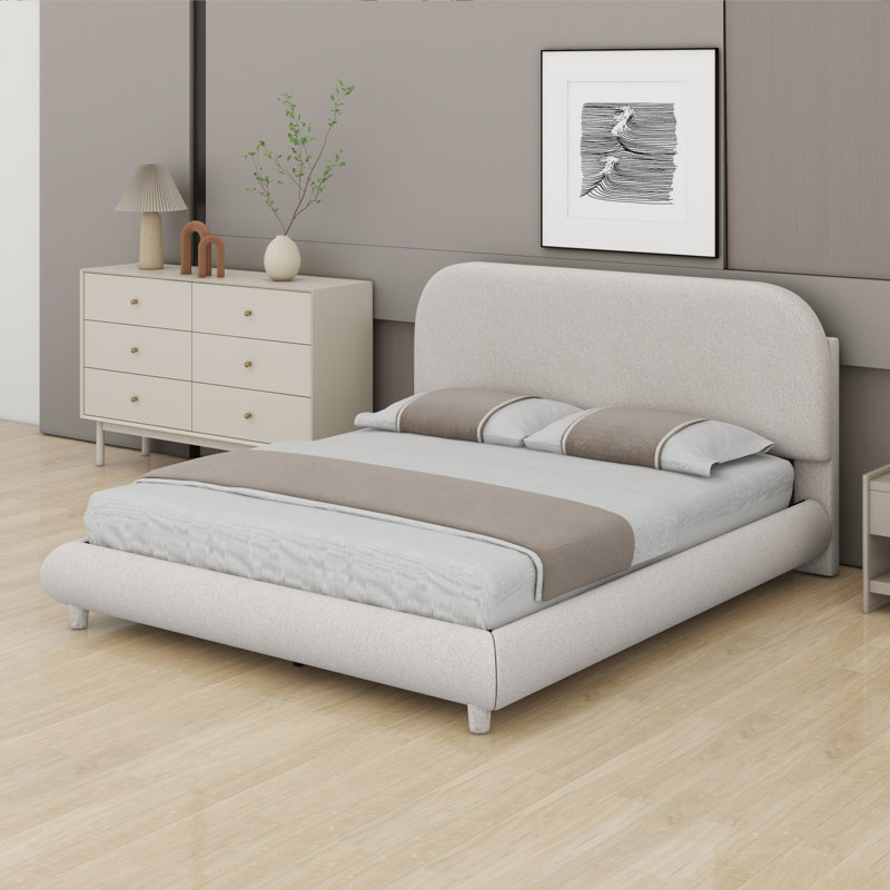 Lit plateforme tapissier avec tissu épais, structure solide et design courbé élégant, Beige, Grand lit
