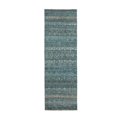 2'5"x7'7" Jasper Blue, Kohinoor Herat with Small Geometric Repetitive Diamond Design, Pure Wool, Tone On Tone, Hand Knotted, Soft To The Touch, Runner, Oriental Rug