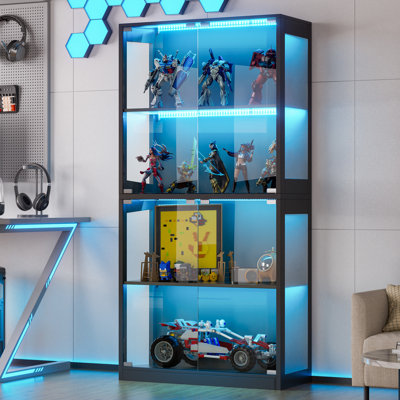 Display Cabinet With Glass Doors, 4-tier Curio Display Case, Collectibles Display Shelf With 12 Color Lights, Toy Bookshelf And Bookcase Cabinet For C by JOVNO