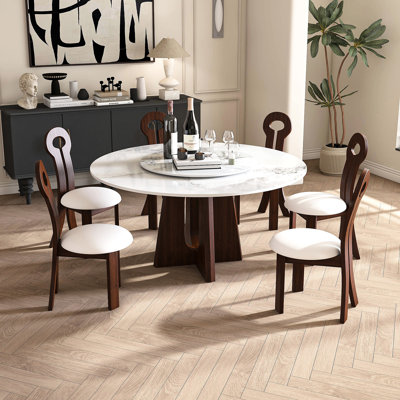Table de salle à manger moderne en marbre, table de salle à manger ronde en pierre frittée avec base en bois de noyer massif, conception en croix robuste