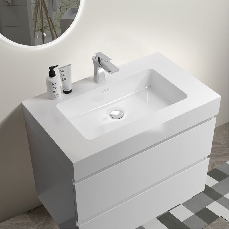 Integrated solid surface basin WITHOUT drain and faucet, glossy white color