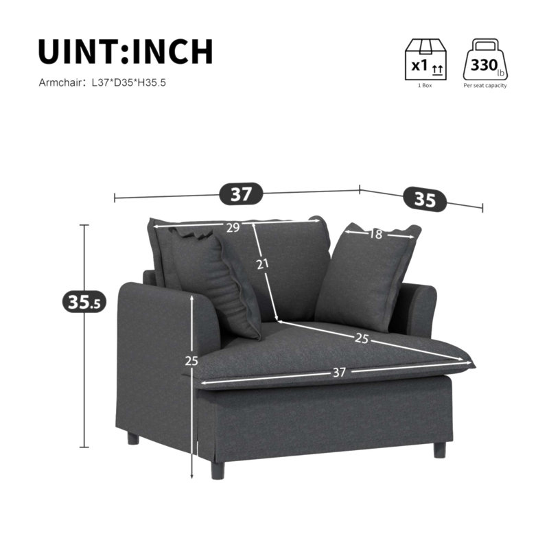 Module de canapé simple surdimensionné de 37 pouces pour canapés modulaires modulaires, fauteuil à accoudoirs larges avec coussins, canapé rembourré moderne et confortable pour salon, appartement et chambre à coucher