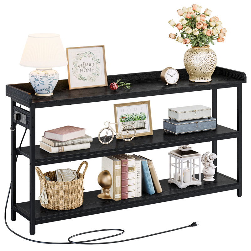 Console Table with Power Outlets, 33" H x 55" W x 13.8" D, Vintage Black