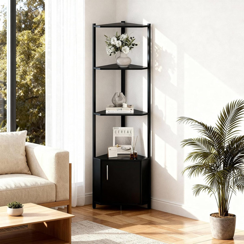 5-Tier LED Corner Shelf, Metal Frame with Wood Shelves, Adjustable Brightness, Space-Saving Display Rack for Living Room, Bedroom, Kitchen or Home Office, Modern Style