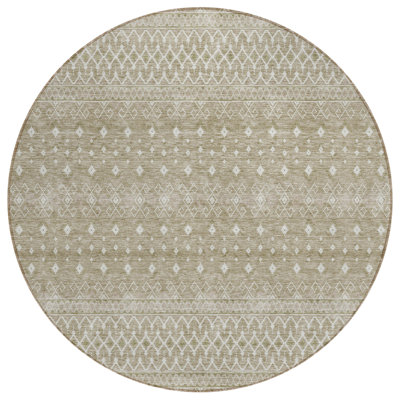 8' Taupe Green Round Tribal Washable Indoor Outdoor Area Rug
