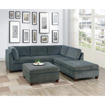 Canapé modulaire contemporain en chenille gris 6 pièces avec 2 canapés d'angle, chaises sans accoudoirs et repose-pieds