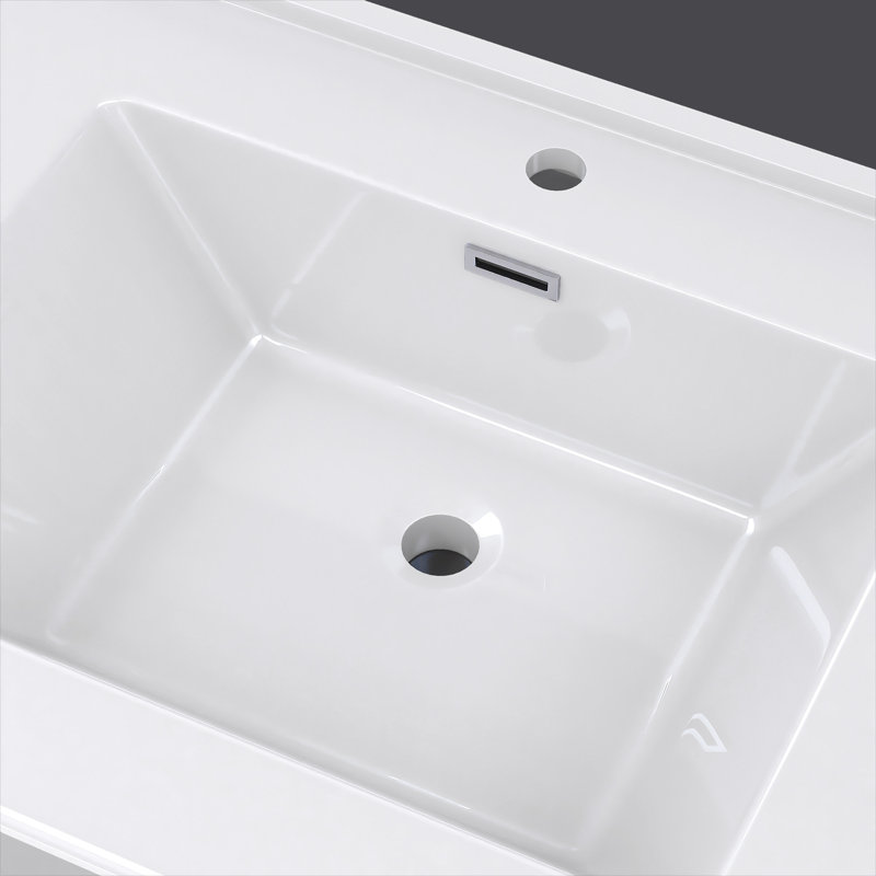 Plateau de meuble-lavabo à surface solide 48 po avec lavabo simple intégré, comptoir épais blanc 2 po, rebord surélevé et dosseret