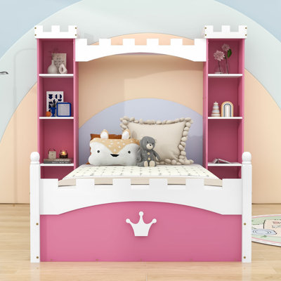 Twin Castle Shape Wooden Bed with Shelves by Zoomie Kids
