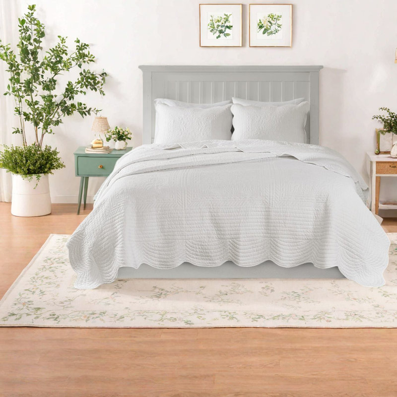 Elegant Reversible Bedding Sets, Microfiber And Cotton Blend With Scalloped Edges, Full/queen Size