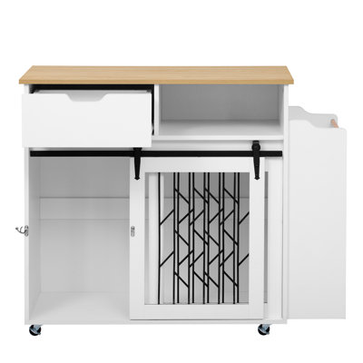 35"H 2-in-1 Dog Crate Kitchen Island Storage Cream White Furniture End Table with Wheels