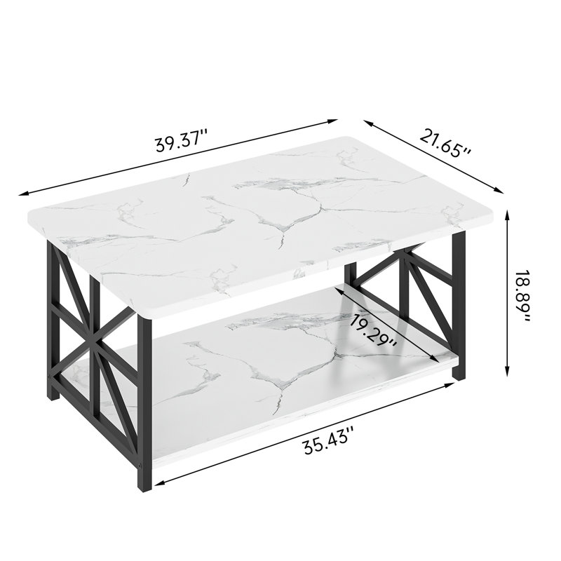 Table basse en faux marbre avec tablette de rangement, table basse rectangulaire à 2 niveaux, table centrale rectangulaire pour le salon, style moderne pour le salon, le bureau et le balcon