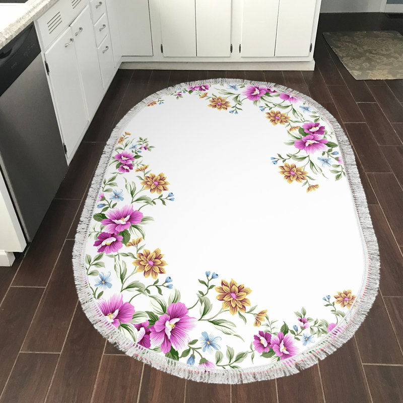 Tapis ovale en polyamide tissé à la machine blanc / lilas / jaune, Ovale 3 pi 3 po x 5 pi 3 po