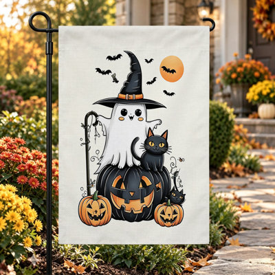 Drapeau de jardin de bienvenue pour l'Halloween, double face, 30 x 45 cm, blanc et noir, joyeux Halloween