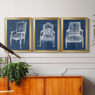 Antique Chair Blueprint IV - Ensemble de 3 peintures sur toile encadrées