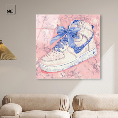 Blue Bow Sneaker High-Gloss Frameless Acrylic Glass Wall Art Sneaker Posters by Art Remedy, Ready to Hang, 40 x 40