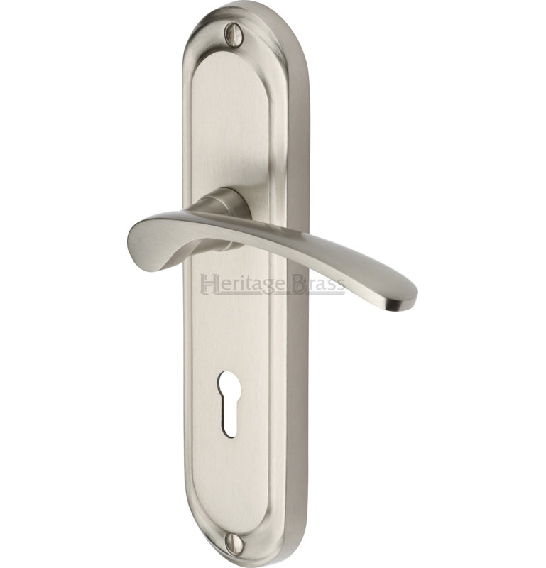 Heritage Brass Door Handle Lever Lock Ambassador Design, Satin Nickel