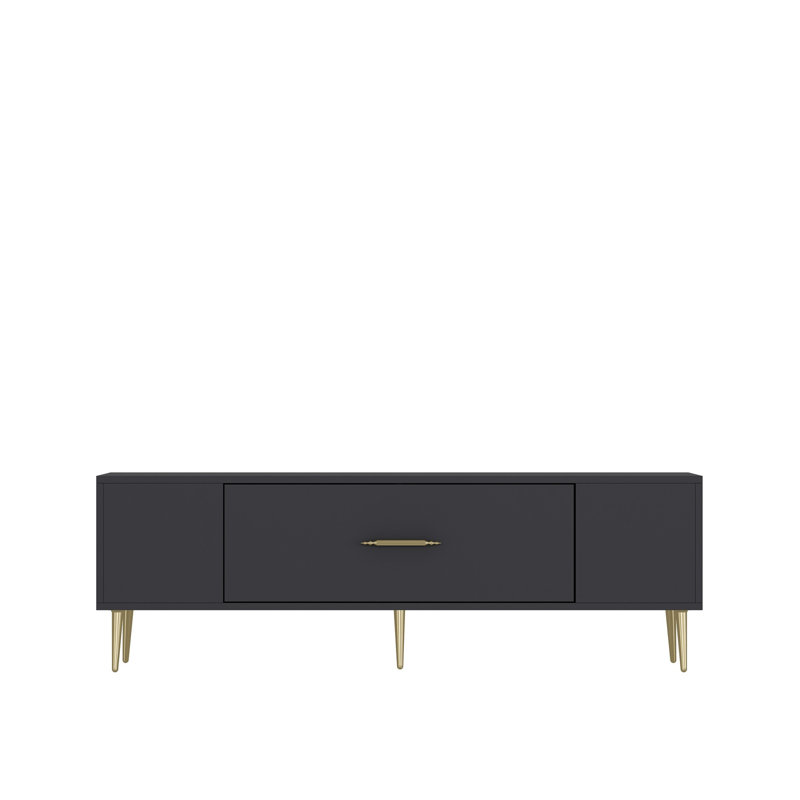 Modern TV Stand with Wall-Mount Option, Anthracite & Gold, 59.1 x 19.0 x 11.6 inches | 100% Melamine Coated Particle Board, Thickness: 0.7 inches | Multiple Shelves for Storage, Stylish & Functional Design