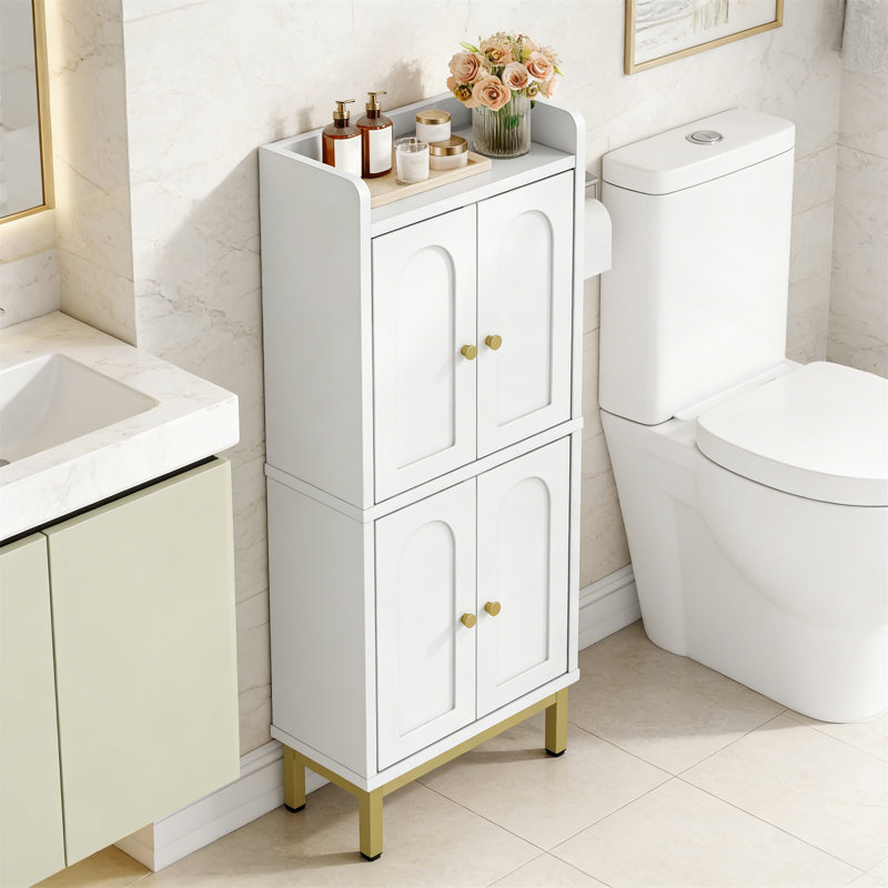 Small Storage Cabinet With 4 Doors, Adjustable Feet, Freestanding For Living Room, Kitchen, White