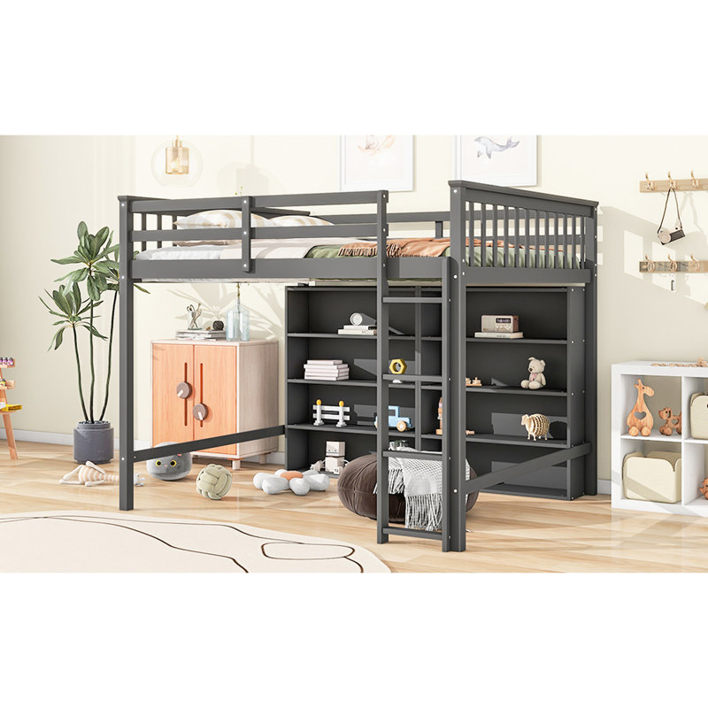 Lit mezzanine double avec 8 tablettes de rangement ouvertes et lit simple encastré gris pour les adolescents, lit de construction solide, tablette incluse, bureaux, construction