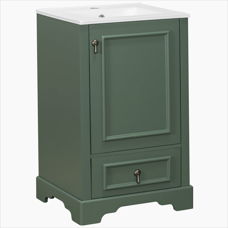 Meuble-lavabo de 20 pouces avec lavabo en céramique, porte à fermeture en douceur, tablette ajustable en forme de U, tiroir de compartiment et support de porte, style moderne, conception peu encombrante