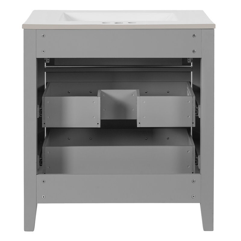 Meuble-lavabo gris rétro avec lavabo en céramique, structure en bois massif, 3 tiroirs, conception classique, solution de rangement polyvalente, structure, haute qualité, style élégant, fermeture en douceur réglable