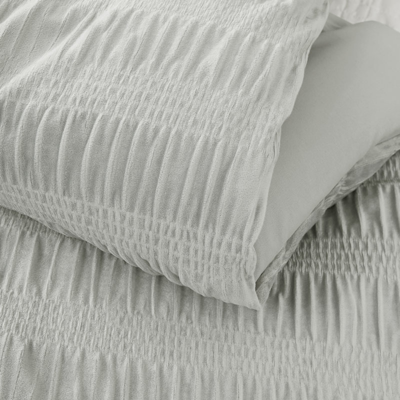 Azalea Ruched Velvet Stripe Comforter Set, Gray, 3, Queen Comforter + 2 Shams