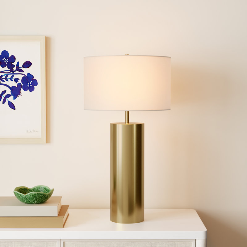 York 29.5" Tall Table Lamp with Fabric Shade in Brass/White, Brass