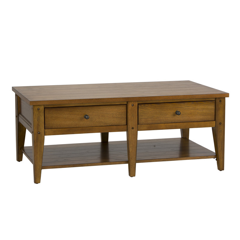Laron Rectangular Cocktail Table w/ Two Push-Through Drawers, Oak