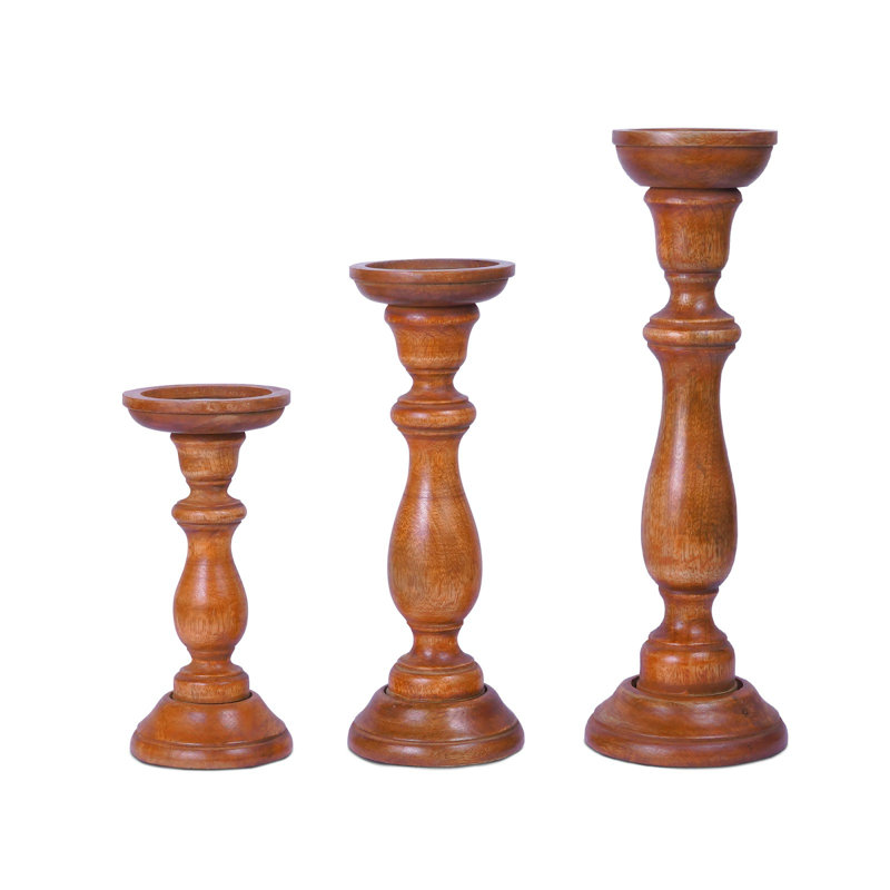 Mela Artisans Tuli Handcrafted Candleholder in Medium Polish, Set of 3, Brown