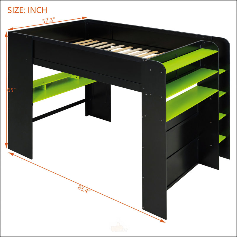 Lit double superposé en bois pleine grandeur avec bureau à hauteur réglable, garde-robe et amplement d'espace de rangement, pour la vie compacte et les études