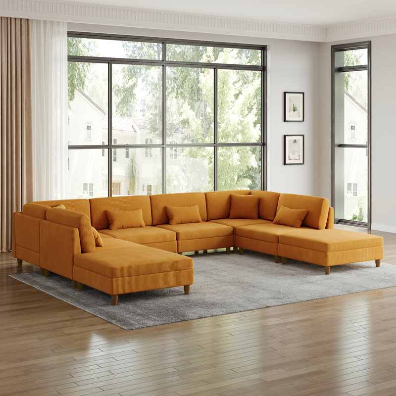Seemab 8 - Piece Upholstered Corduroy Modular Sectional with Pillow Back and Removable Ottoman, Orange