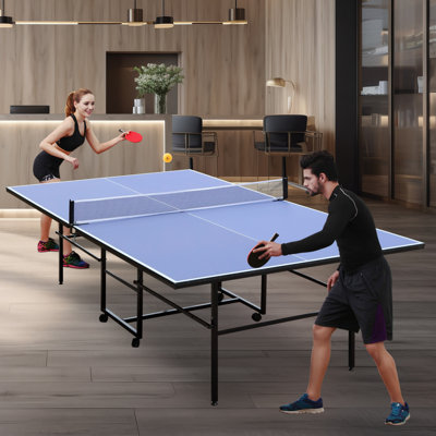 Ensemble de table de tennis de table pliable 9 pi bleu moyen avec filet, 2 raquettes de tennis de table et 3 balles