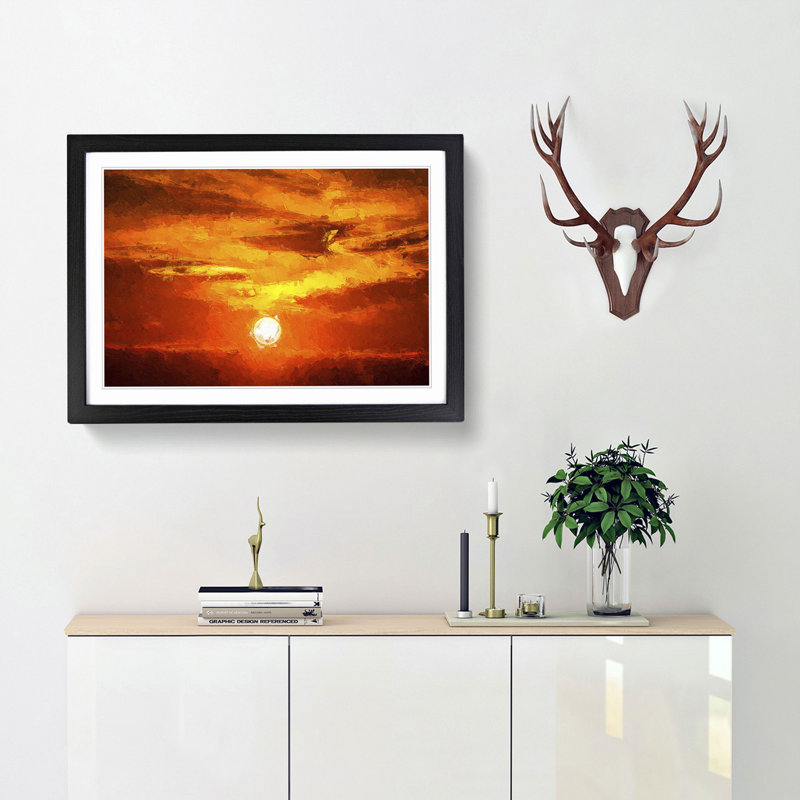 Striking Orange Sunset in Abstract - Framed Print, 48cm H x 65cm W x 2cm D, Black Framed