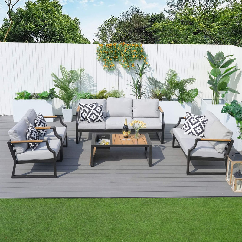 5-Piece Patio Conversation Set With 3-Seater Sofa, Loveseat, 2 Single Sofas, Coffee Table With Ice Bucket In Black