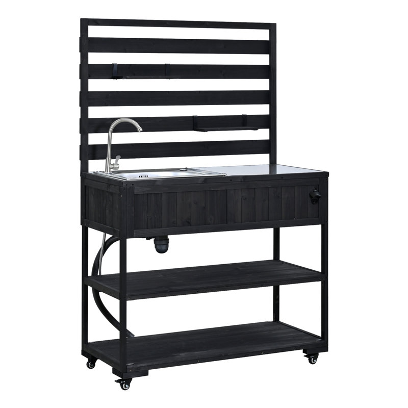 41.7" Large Patio Rolling Solid Wood Kitchen Island with Sink, Black