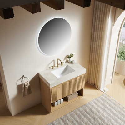 Meuble-lavabo FINO 36, sur pied, comptoir en pierre frittée couleur crème veinée or et lavabo en céramique avec 3 trous pré-percés pour robinetterie, démonté, robinetterie et bonde non inclus, couleur chêne Corolla