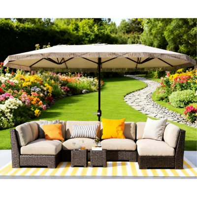 Parasol de patio rectangulaire avec frange décorative et poignée à manivelle, double face 15 pi, revêtement Upf30 + pour bloquer le soleil, décoloration, mât en acier à 12 nervures, très grand côté, protection, éclaboussures