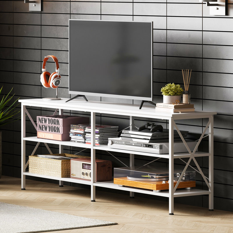 Meuble télé l 63 po pour téléviseur de 70 po avec tablettes de rangement ouvertes à 3 niveaux, centre de divertissement industriel avec structure en métal, console multimédia moderne pour le salon, salle de jeux