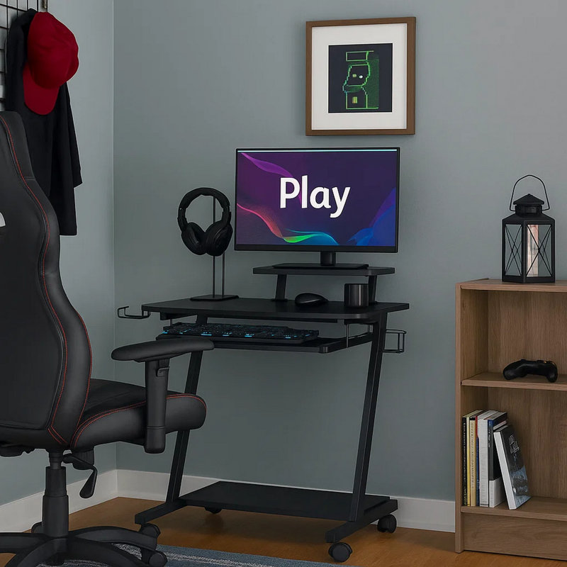 Bureau de jeu avec structure en métal et roulettes, noir
