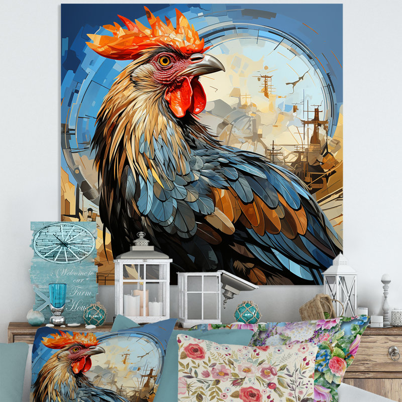 «Cubic Colorful Rooster Collage I», art mural animal en métal, H 29 po x l 29 po