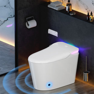 Toilette intelligente avec bidet intégré, toilette intelligente avec siège chauffant plus large, eau chaude et sécheuse, chasse d'eau automatique avec capteur de pied, veilleuse, télécommande