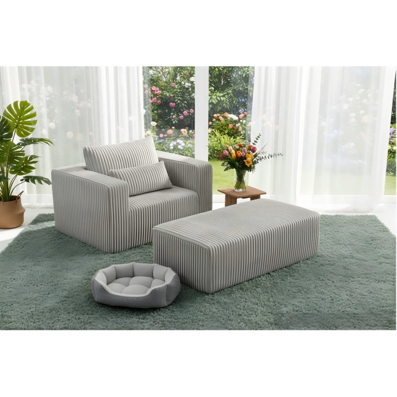 Méridienne compressée avec repose-pieds, fauteuil d'appoint surdimensionné en velours côtelé emballé sous vide pour faciliter le transport, sans assemblage