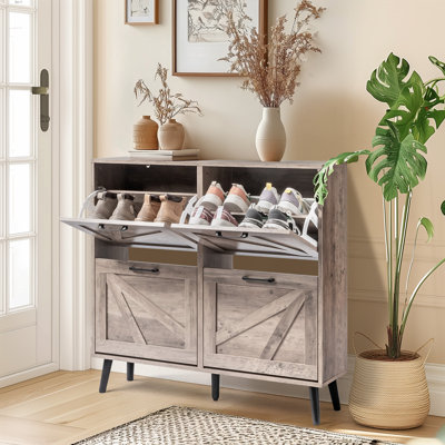 Barn Door 4 Flip Black Handles Glued Particleboard Embossed Natural Legs Shoe Cabinet 41.7In